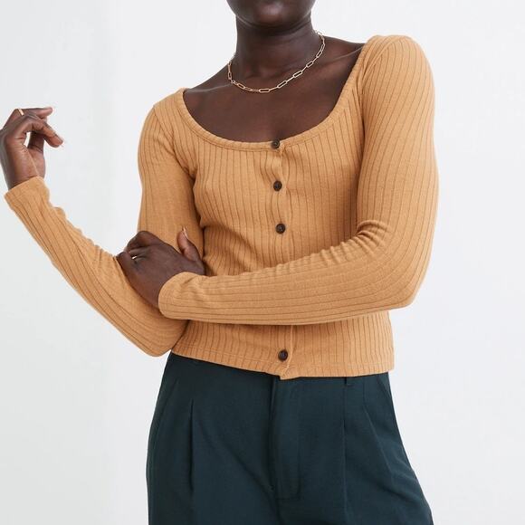 Madewell Cardigan Crop Tee Small Ribbed Knit Toffee - Picture 1 of 6